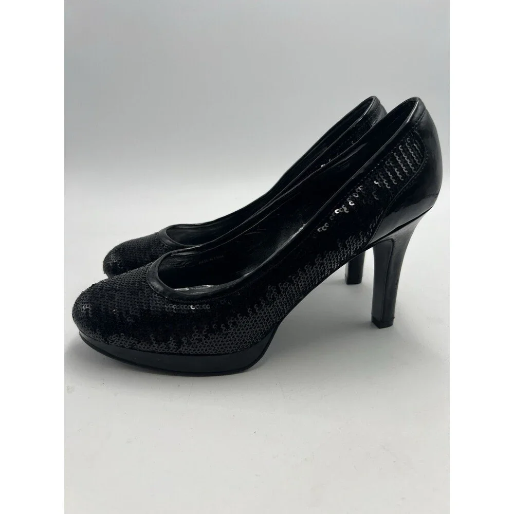 Tahari Black Sequin Round Toe Leather Pumps Heel Formal Black Tie Party Sz 8.5 M - Picture 7 of 11
